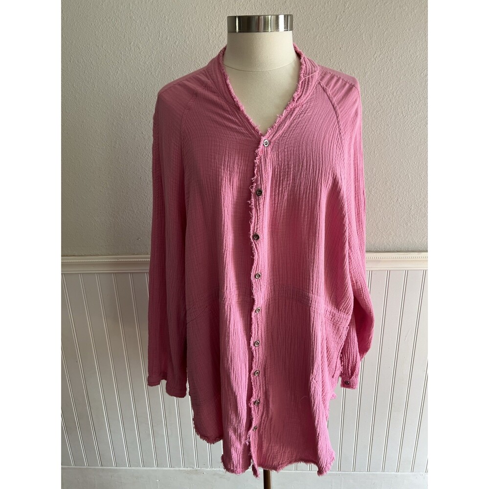 Women’s Long Sleeve Button Up Tunic 100% Cotton Gauze Crinkle Raw Hem Pink L